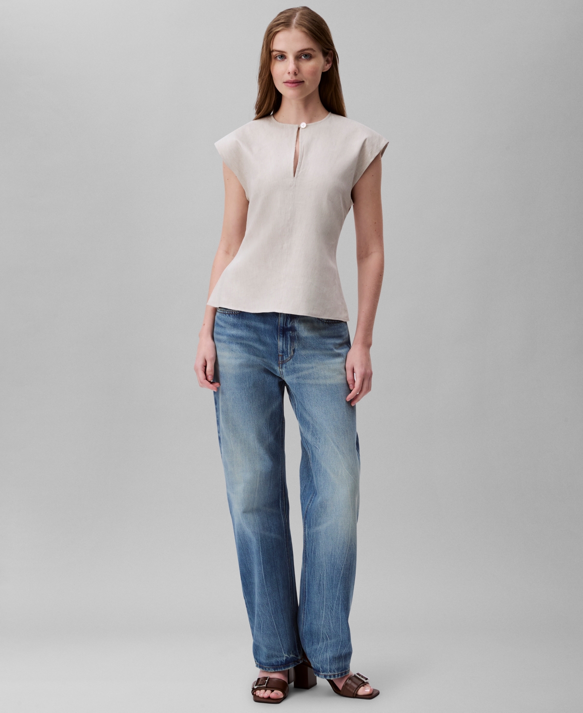Calvin Klein Women's Linen Blend Cap-sleeve Keyhole Top In Tofu