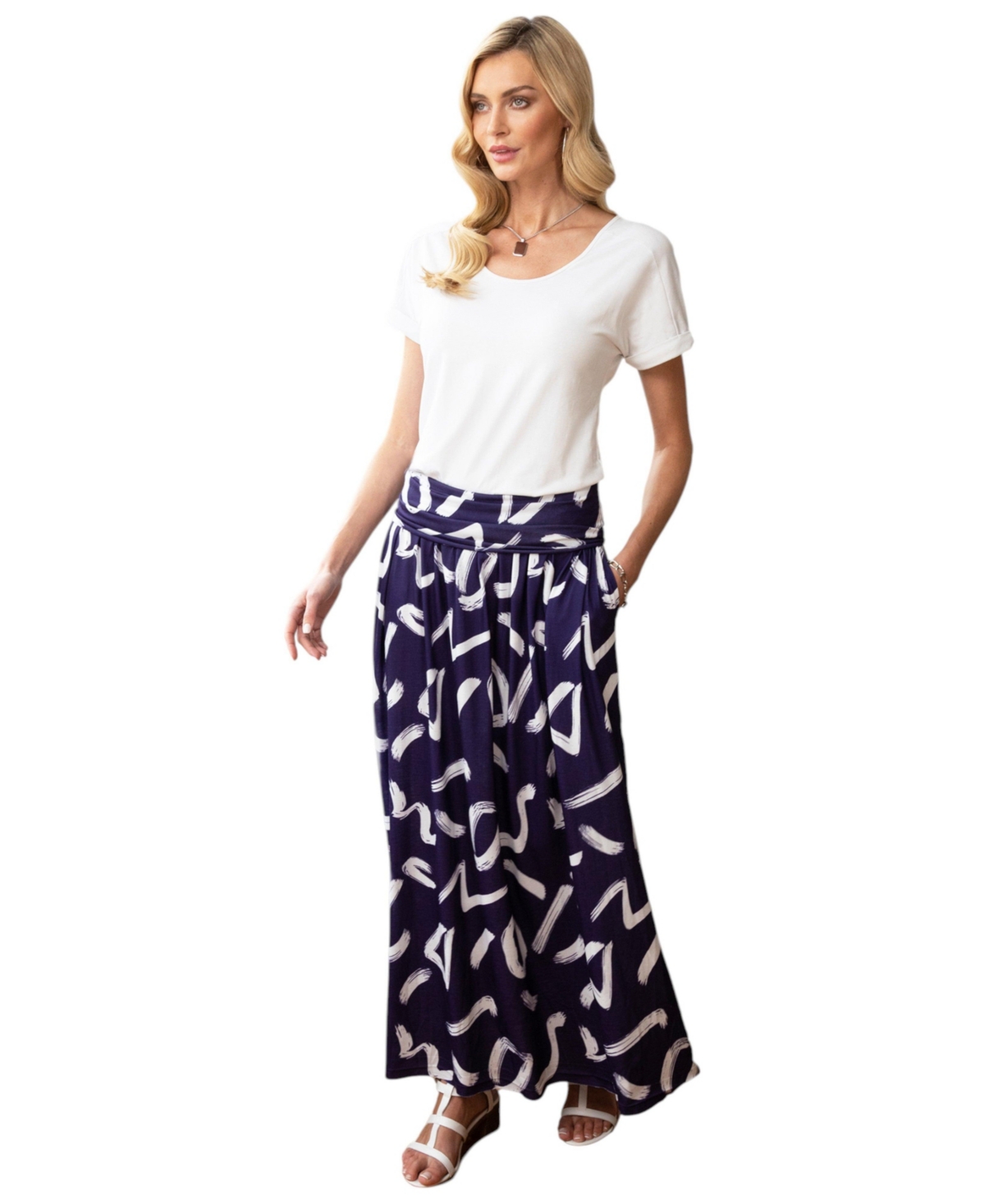 Women's Luxury Roll Top Maxi Skirt - Navy with white brush strokes