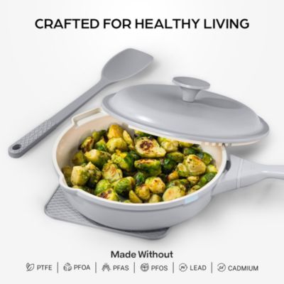 Zuka Everyday Pan 3.25 Qt. Ceramic 10 in 1 Nonstick Multi-Functional Saute Pan with Lid, Nylon Spoon, & Steamer Basket