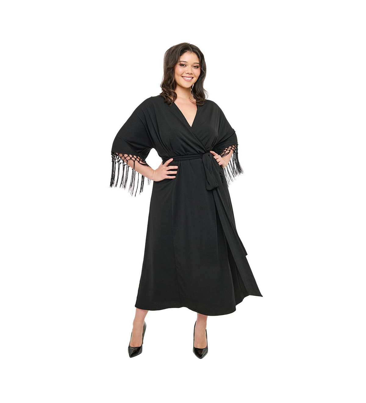 Plus Size Tie Wrap Surplice Midi Dress - Black