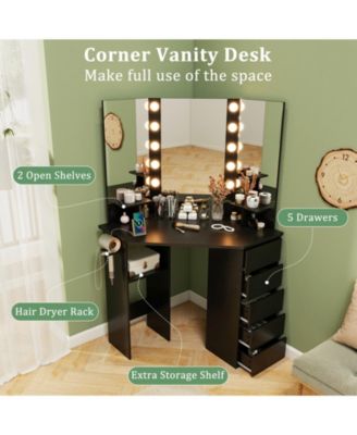 Corner Vanity Desk with 3-Color LED Lighted Mirror & Power Outlet Stylish Makeup Desk for Bedroom