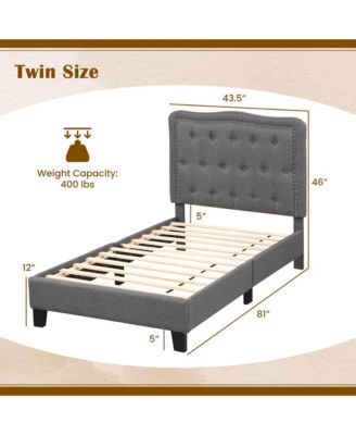 Twin Size Bed Frame with 46" Tall Button Tufted Headboard Wooden Slats Support