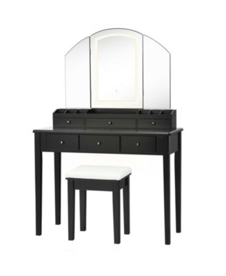 Vanity Table Stool Set with Large Tri-folding Lighted Mirror
