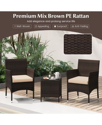3 PCS Outdoor Conversation Set w/ Cushioned Seat & Tempered Glass Tabletop