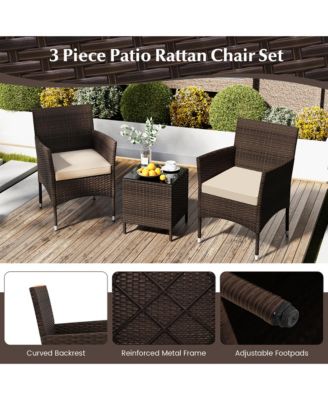 3 PCS Outdoor Conversation Set w/ Cushioned Seat & Tempered Glass Tabletop