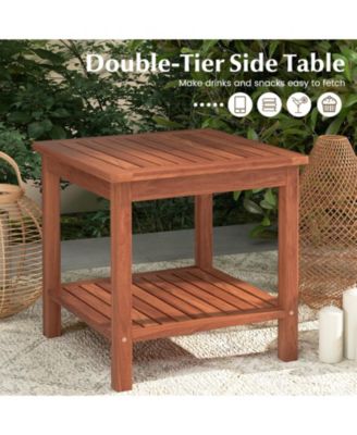 Set of 2 Double-Tier Acacia Wood Patio Side Table with Slatted Tabletop and Shelf