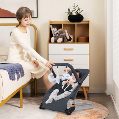 Kids Portable Bouncer Chair with Removable Cover and Interactive Toy Bar