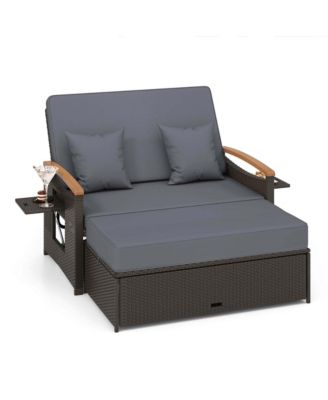 Patio Rattan Daybed Set with Cushioned Loveseat & Storage Ottoman for Porch
