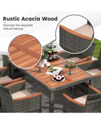 7 Pieces Patio Acacia Wood Cushioned PE Rattan Wicker Dining Set