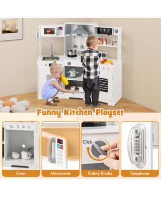 Pretend Play Wooden Kitchen Toy Set with Range Hood Real Sounds and Lights for Kids