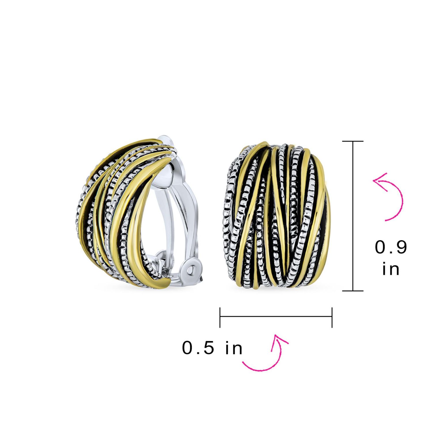 Two-Tone Crossover Stripe Clip On Earrings Wide Oxidized Silver Gold Plated