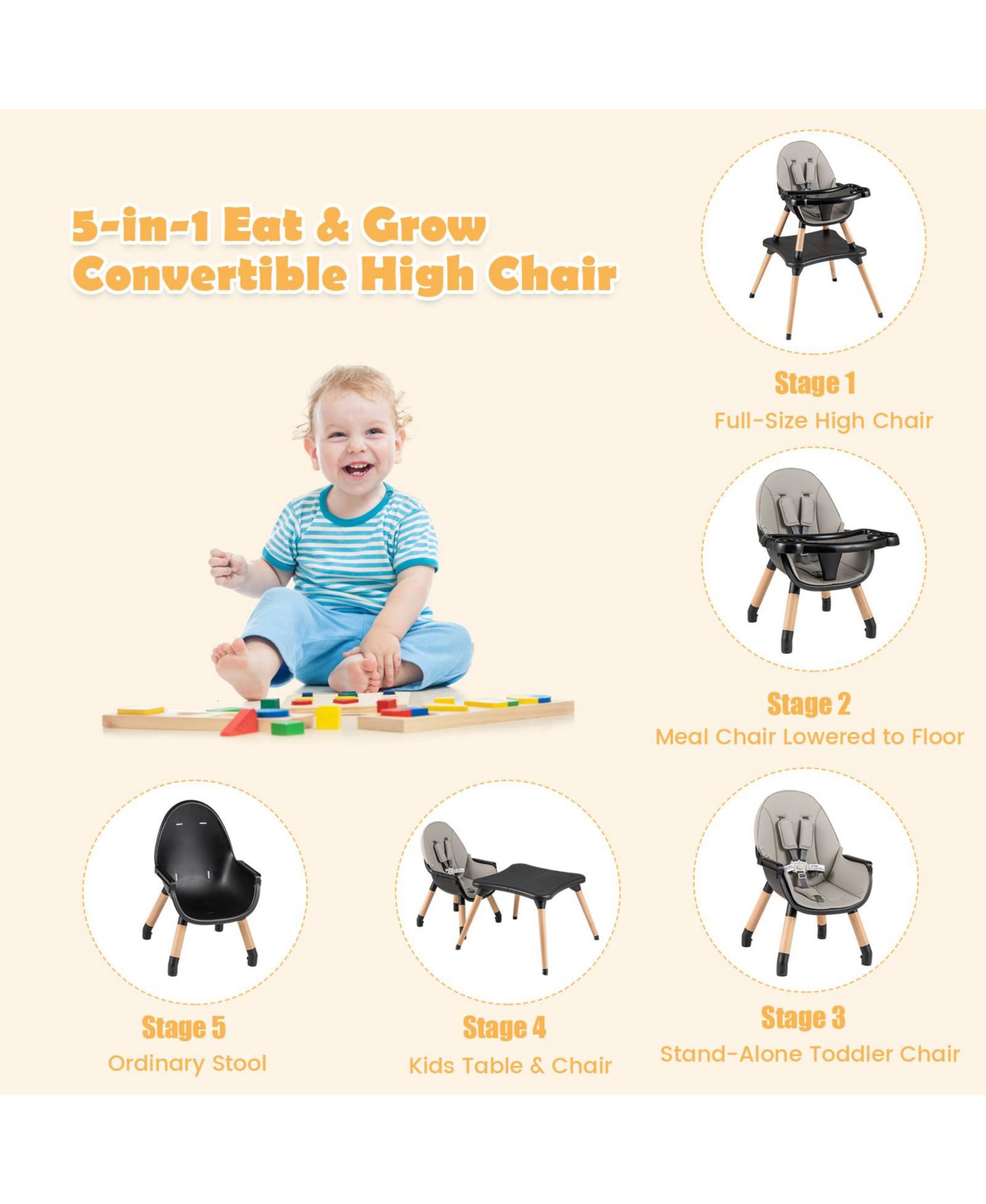 5-in-1 Baby Convertible Wooden High Chair with Detachable Tray