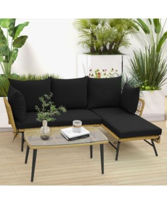 3 Pieces L-Shaped Patio Sofa with Cushions and Tempered Glass Table