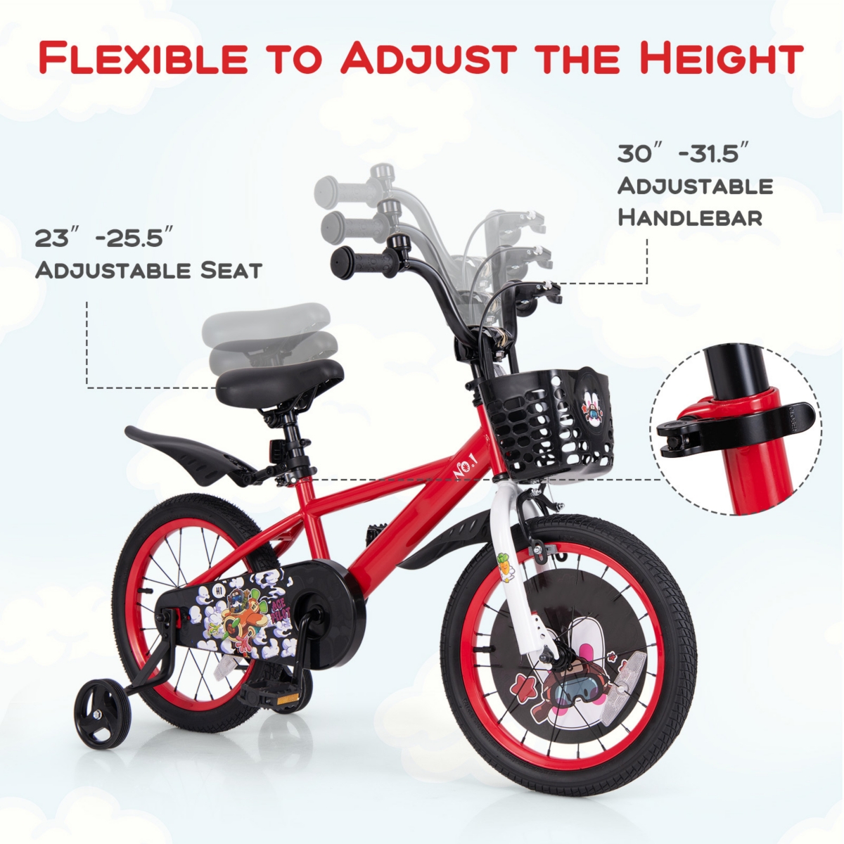 Kids Bike Adjustable with Storage Basket Double Brake for 3-4 Years Old