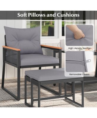 5 Piece Patio Conversation Set PE Rattan Wicker Chairs w/ 2 Ottomans Soft Cushions