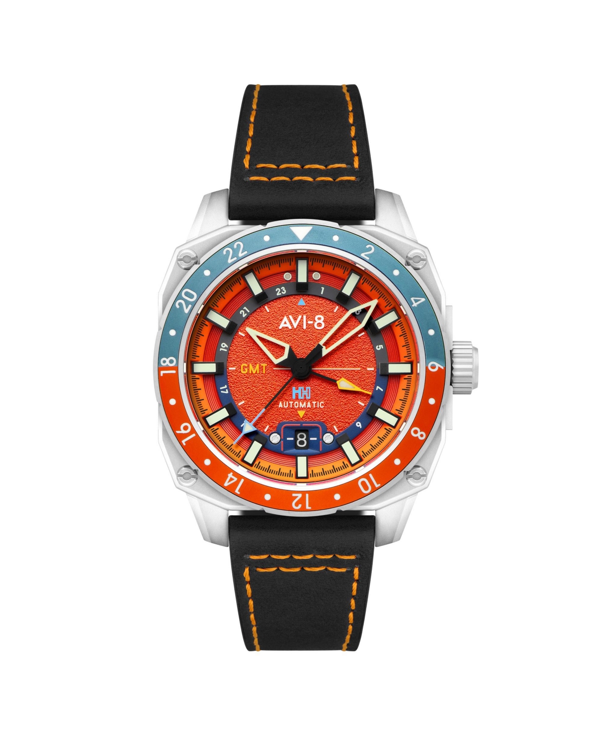 Men's Hawker Hunter Atlas Gmt Automatic Black Leather Strap Watch, 44mm - Orange