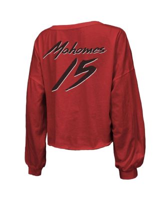 Футболка Majestic Women's Patrick Mahomes Red Kansas City Chiefs Super Bowl LIX с надписью и номером, надписью с открытыми плечами и длинным рукавом с V-образным вырезом