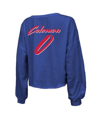 Women's Keon Coleman Royal Buffalo Bills Name Number Off-Shoulder Script Cropped Long Sleeve V-Neck T-Shirt