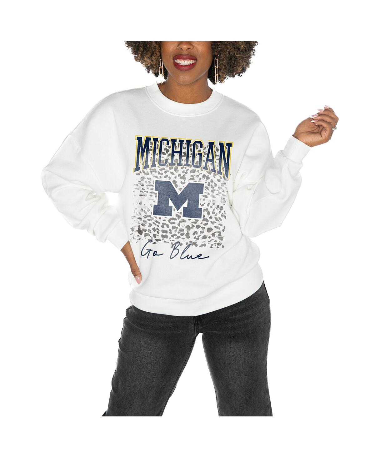 GAMEDAY COUTURE WOMEN'S WHITE MICHIGAN WOLVERINES DROP SHOULDER FLEECE DROP PULLOVER SWEATSHIRT 