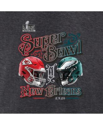 Женская футболка Fanatics Heather Charcoal Kansas City Chiefs vs. Матч за Суперкубок Philadelphia Eagles LIX, Финальная битва большого размера, футболка с V-образным вырезом.