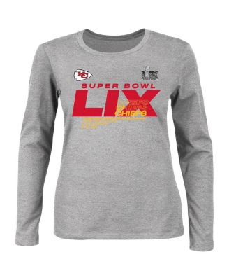 Женская футболка Fanatics Heather Gray Kansas City Chiefs Super Bowl LIX большого размера Quick Pass с длинным рукавом и круглым вырезом горловины.
