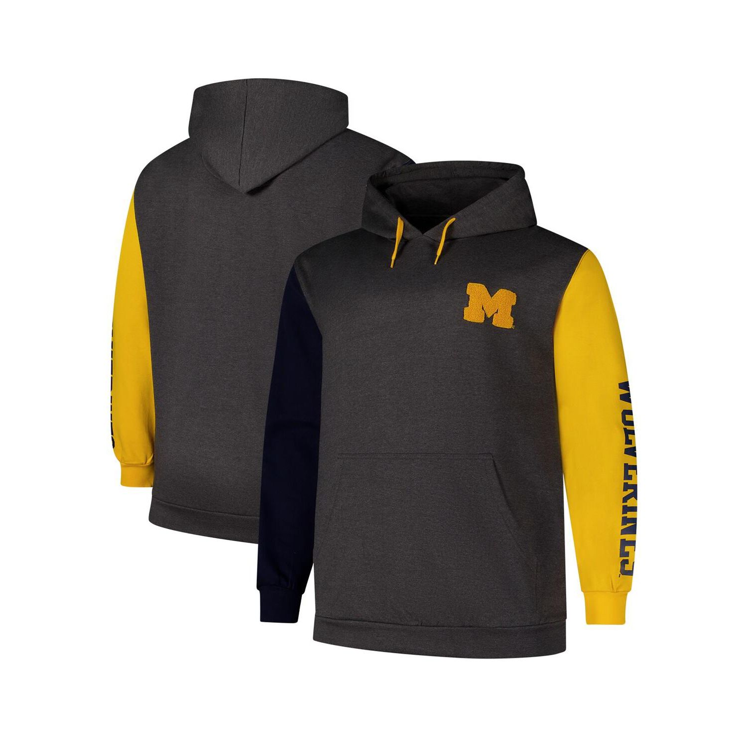 Men's Charcoal Michigan Wolverines Big & Tall Contrast Sleeves Pullover Hoodie