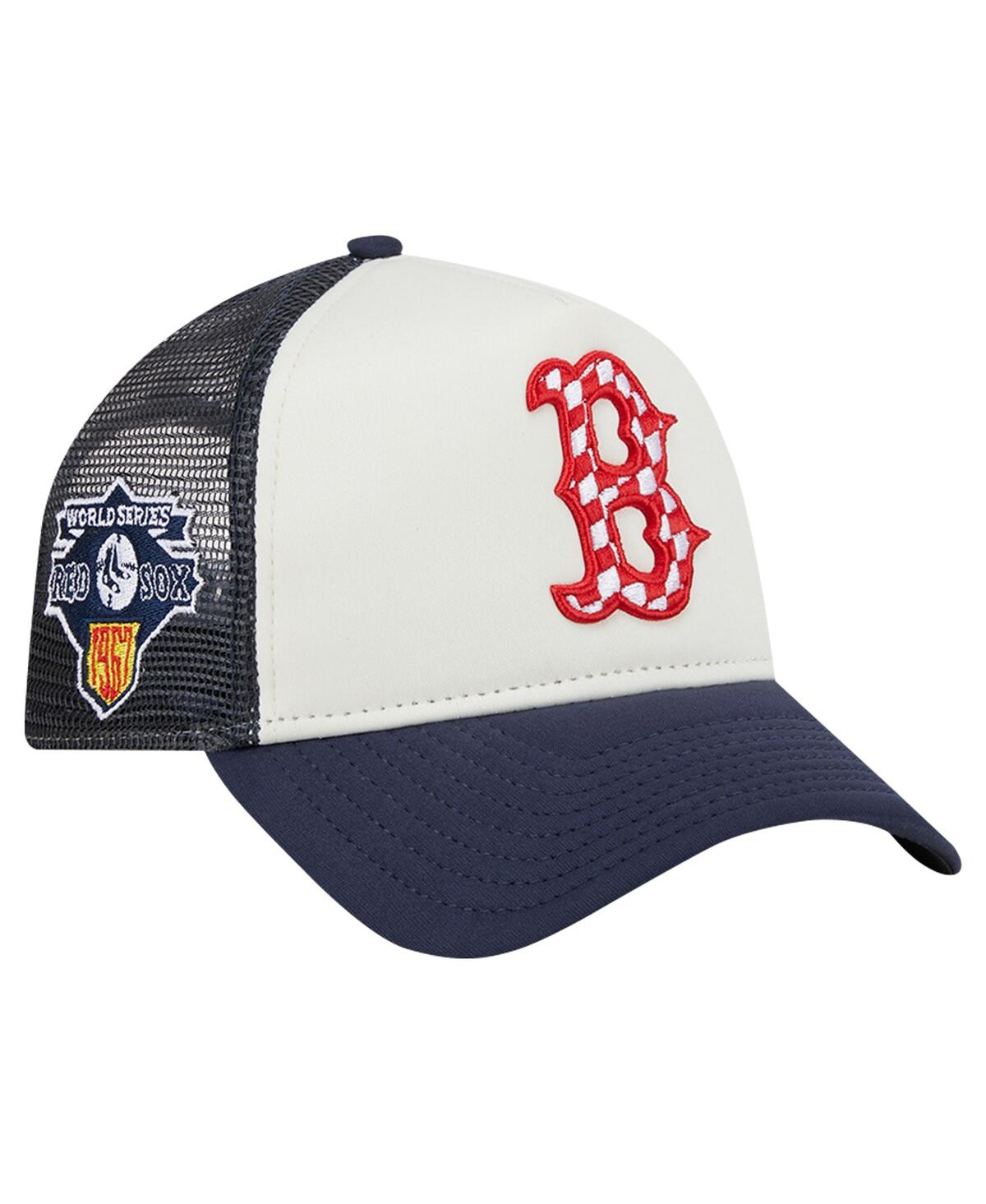 NEW ERA MEN'S WHITE/NAVY BOSTON RED SOX CHECKERED FLAG A-FRAME TRUCKER 9FORTY ADJUSTABLE HAT 