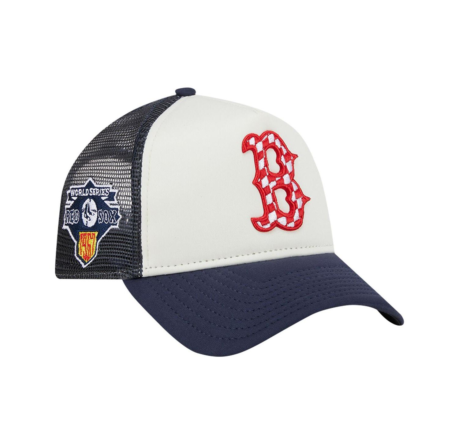 Men's White/Navy Boston Red Sox Checkered Flag A-Frame Trucker 9FORTY Adjustable Hat
