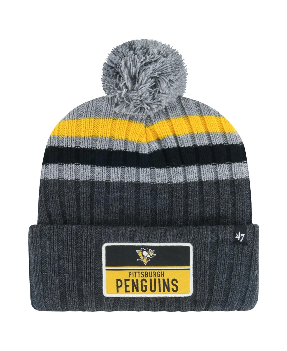 47 Brand Men's Gray Pittsburgh Penguins Stack Patch Cuffed With Pom Knit Hat In Gray