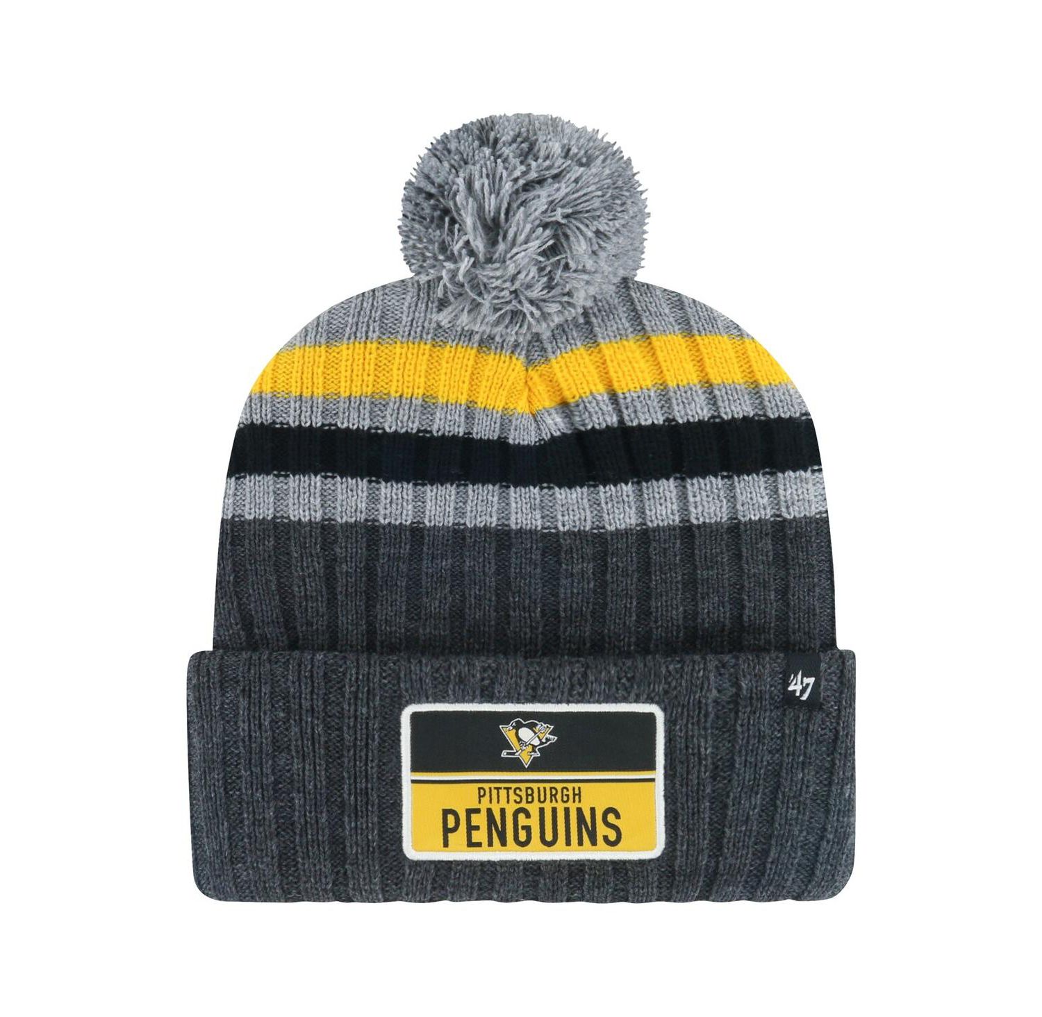 Men's Gray Pittsburgh Penguins Stack Patch Cuffed with Pom Knit Hat