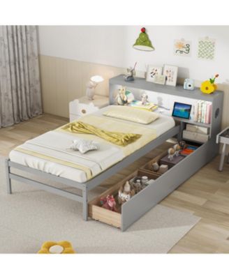Bed Frame with LED Light and Bookcase Headboard