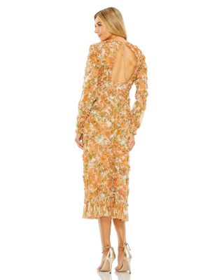 Женское платье Mac Duggal с длинным рукавом и глубоким V-образным вырезом на спине с цветочным рисунком и оборками