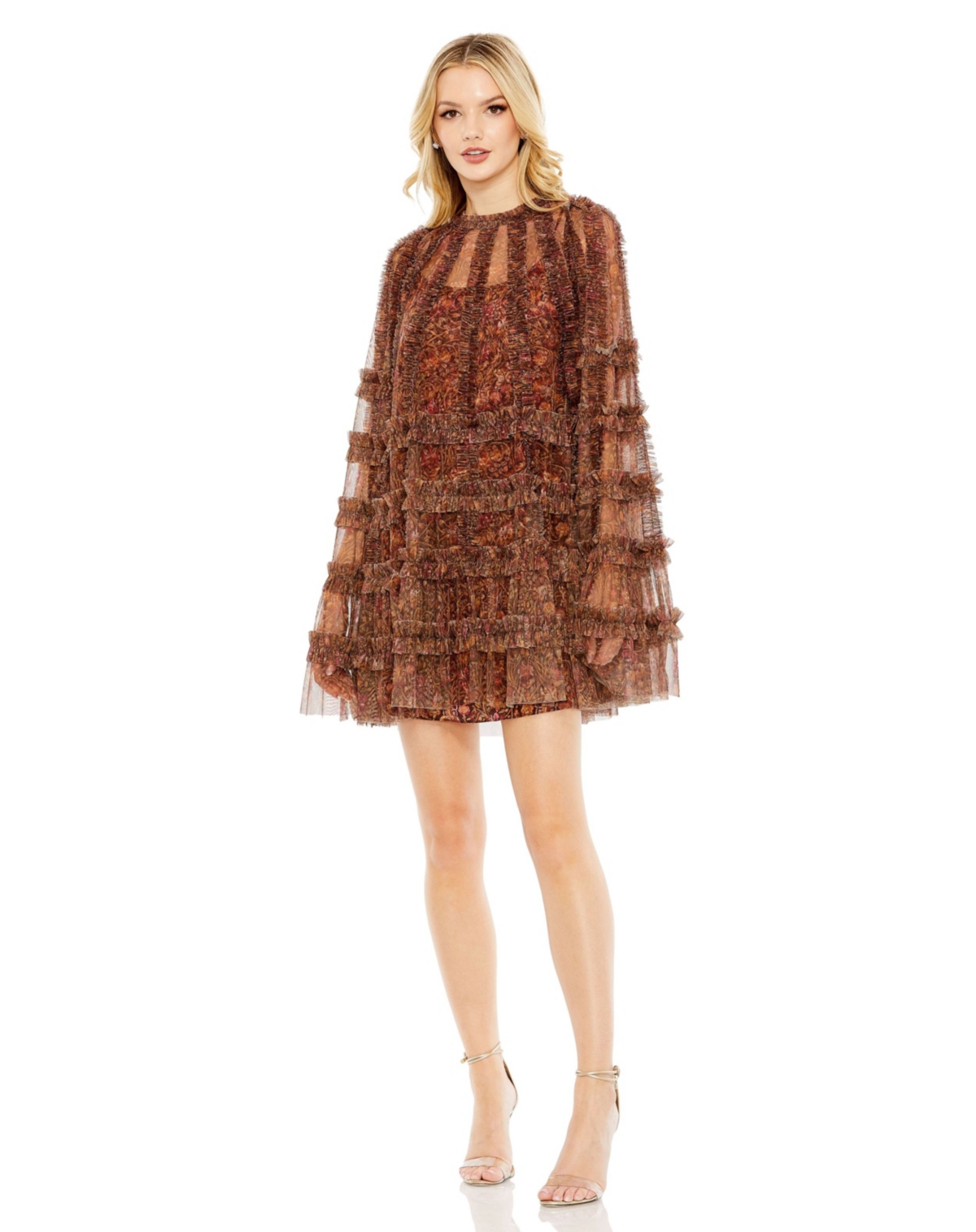 Women's Floral Print Long Flare Sleeve Mesh A-Line Dress - Brown multi