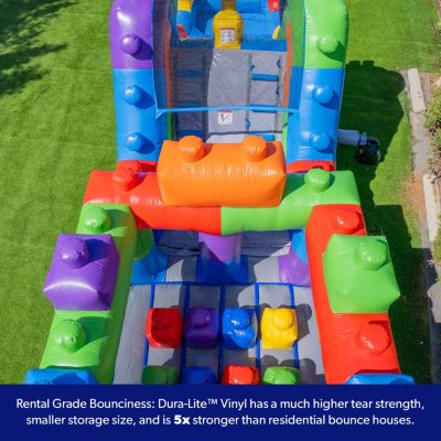 HeroKiddo 42' Block Party Inflatable Obstacle Course Water Slide Combo with Air Blower, Commercial Grade, 100% PVC Vinyl, Kids Outdoor Play, Summer Fun,