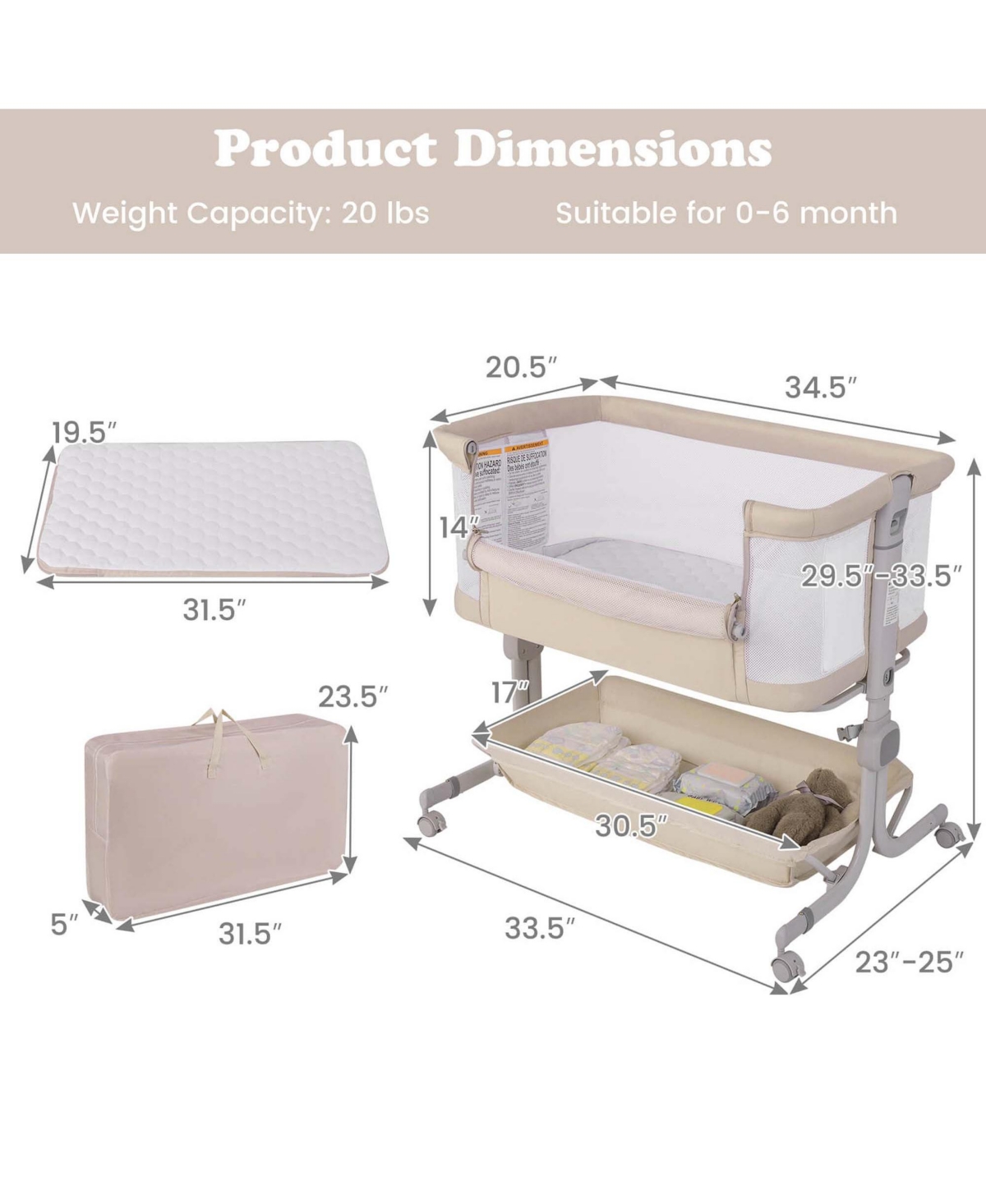 Baby Bassinet Bedside Sleeper with6-Level Adjustable Height