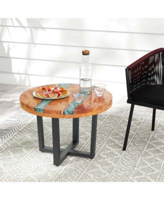 24" Round Teak Wood End Table with Epoxy Resin Tabletop Mahogany Base for Patio