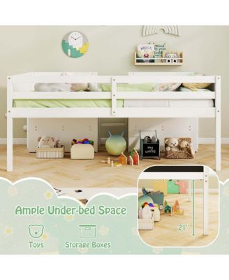 Twin Size Low Loft Bed with Ramp Ladder & Bookcases Full-length Safety Guardrail