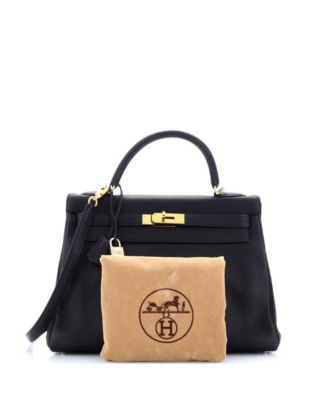 Бывшая в употреблении сумка Hermes Kelly 32 черного цвета из Того с золотой фурнитурой