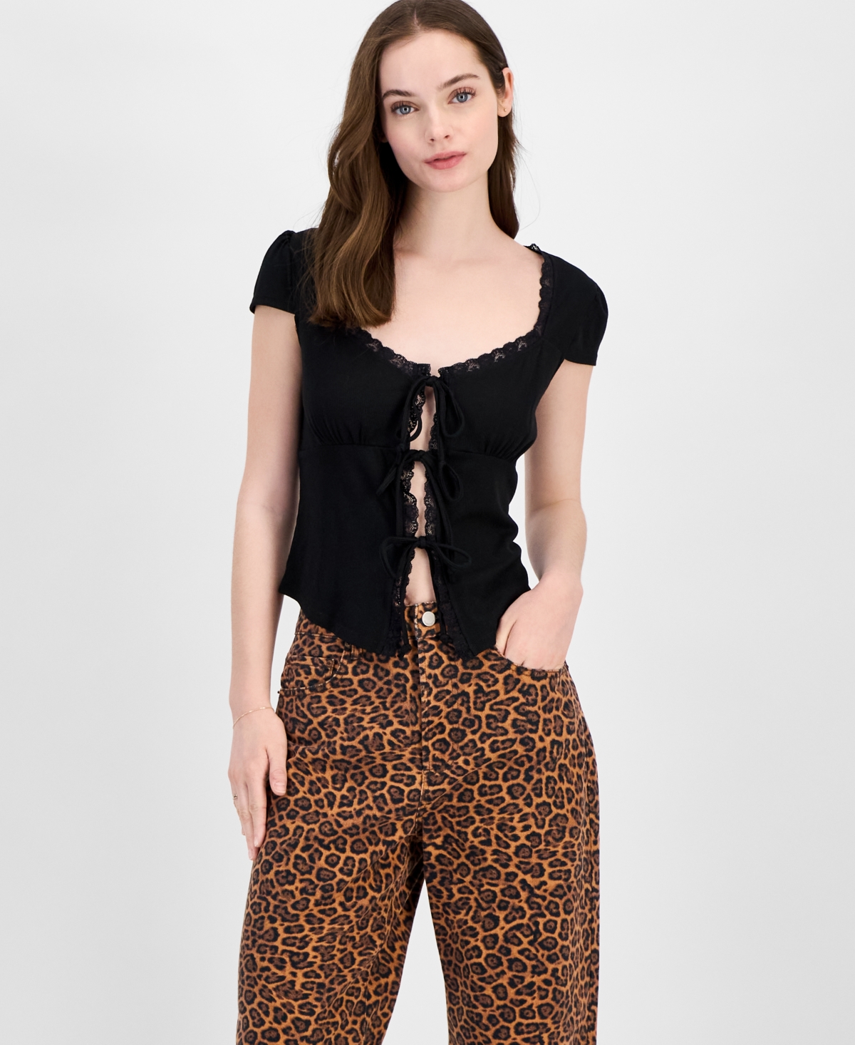 Just Polly Juniors' Lace Trimmed Tie-front T-shirt In Black