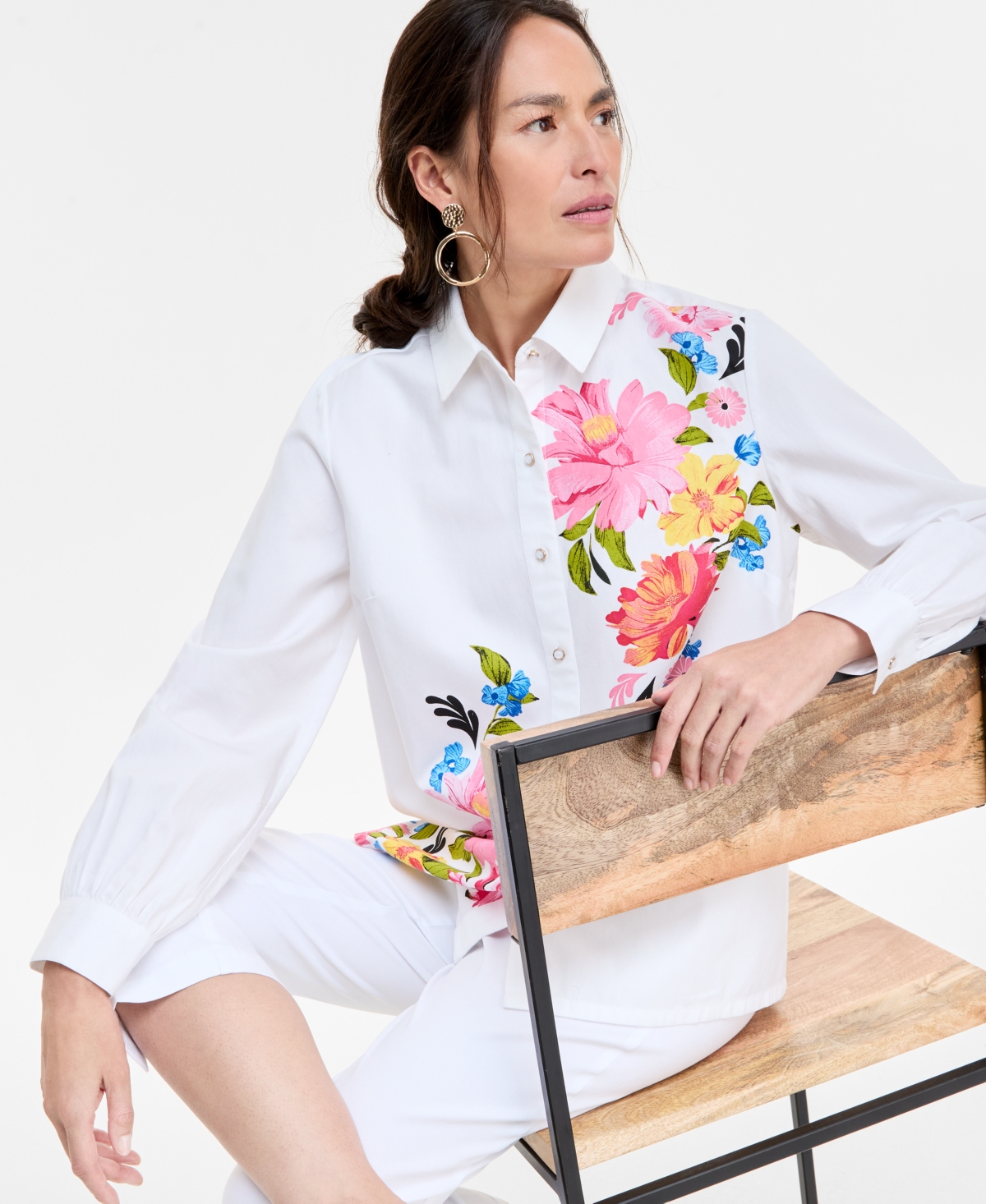 Shop Jm Collection Women's Printed Cotton-poplin Blouse, Exclusively At Macy's In Bright White Combo