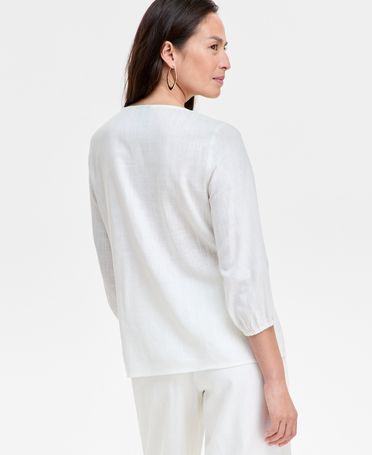 Jm Collection Women's Linen Blend Embroidered Pintuck Top, Exclusively At Macy's