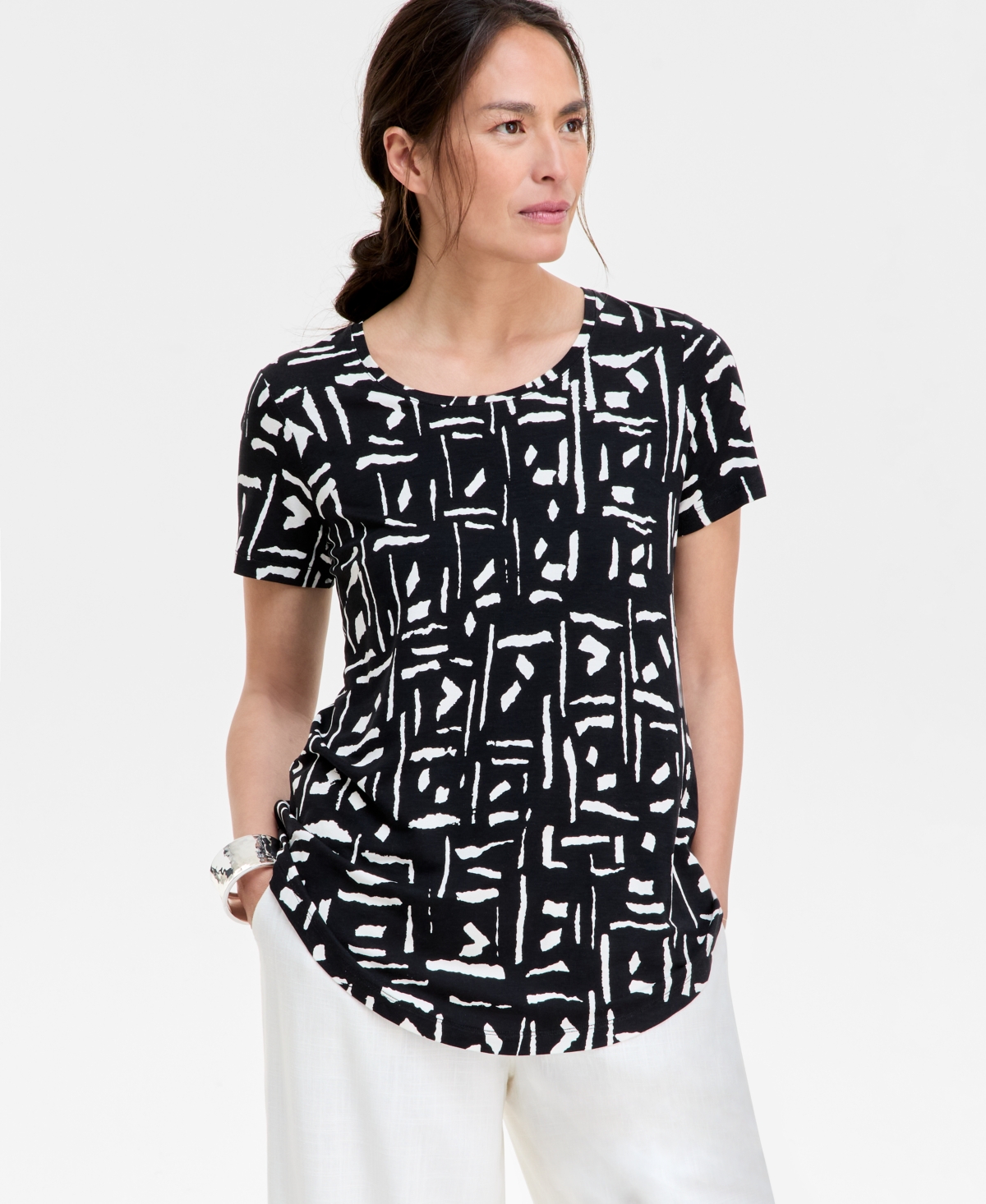 JM COLLECTION WOMEN'S PRINTED SHORT SLEEVE SCOOP-NECK TOP, CREATED FOR MACY'S 