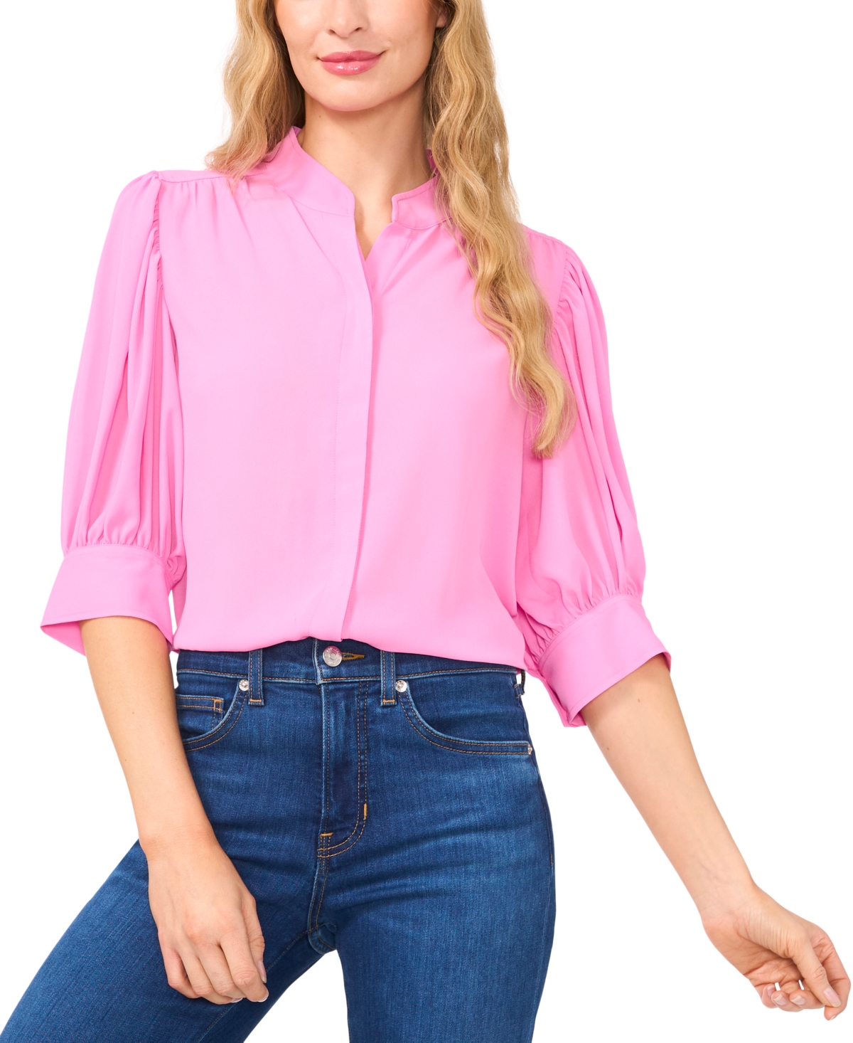 Shop Cece Women's 3/4-sleeve Collared Button Down Blouse In Bright Peony