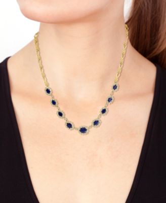 EFFY&reg; Sapphire (6-3/4 ct. t.w.) & Diamond (2-1/10 ct. t.w.) Graduated Halo 18" Collar Necklace in 14k Gold
