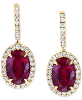 EFFY&reg; Lab Grown Ruby (8-3/8 ct. t.w.) & Lab Grown Diamond (1-1/5 ct. t.w.) Halo Drop Earrings in 14k Gold