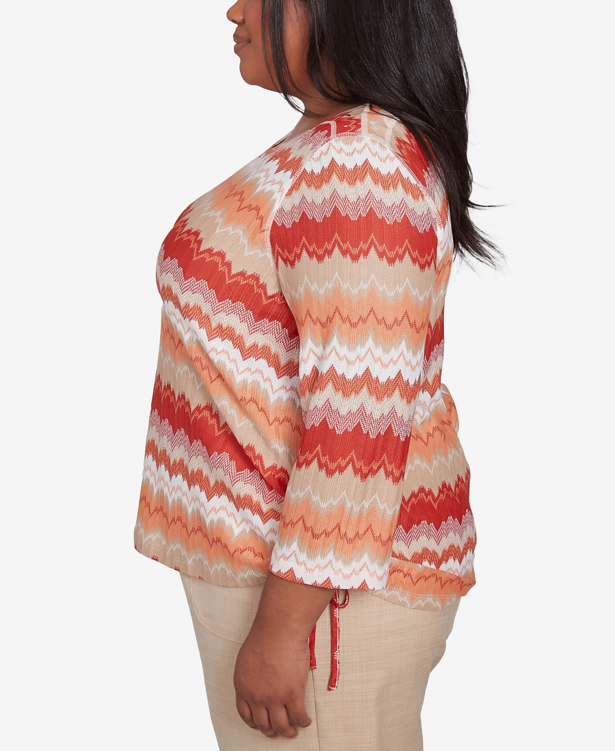 Alfred Dunner Plus Size Catalina Island Modern Chevron Drawstring Crew Neck Top In Tangerine Multi
