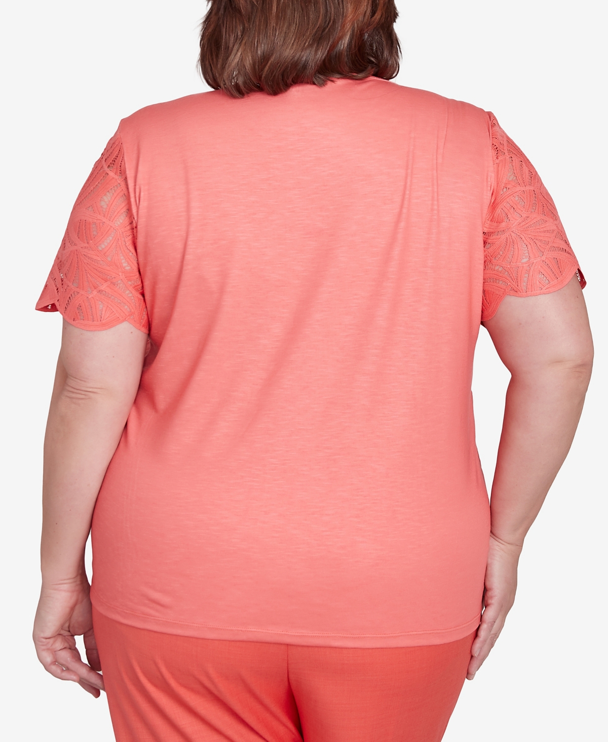 Alfred Dunner Plus Size Catalina Island Lace Trimmed Textured Crew Neck Top In Tangerine