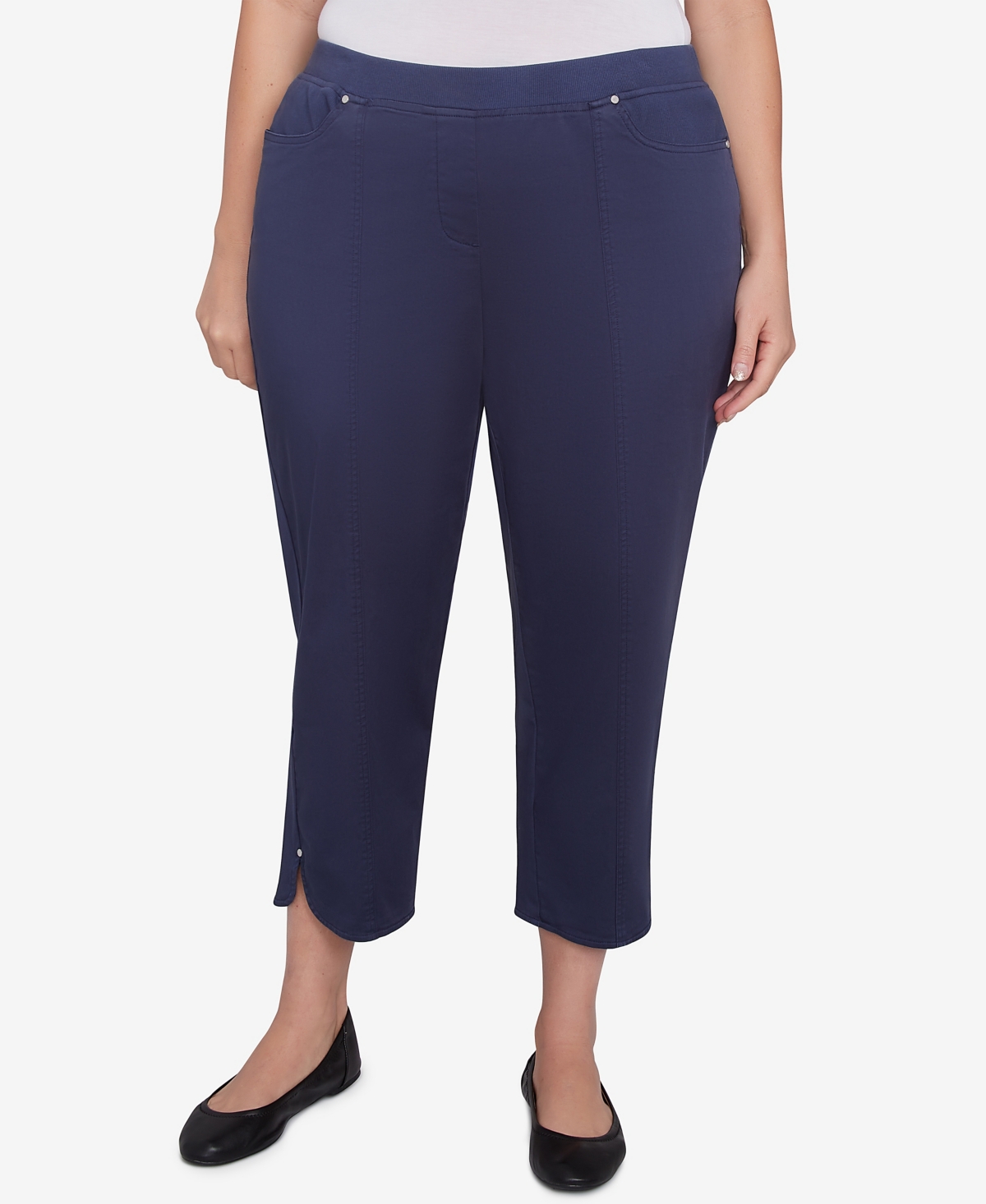 Alfred Dunner Plus Size Parrot Cay Novelty Cuff Tummy Control Capris Pants In Marine Blue