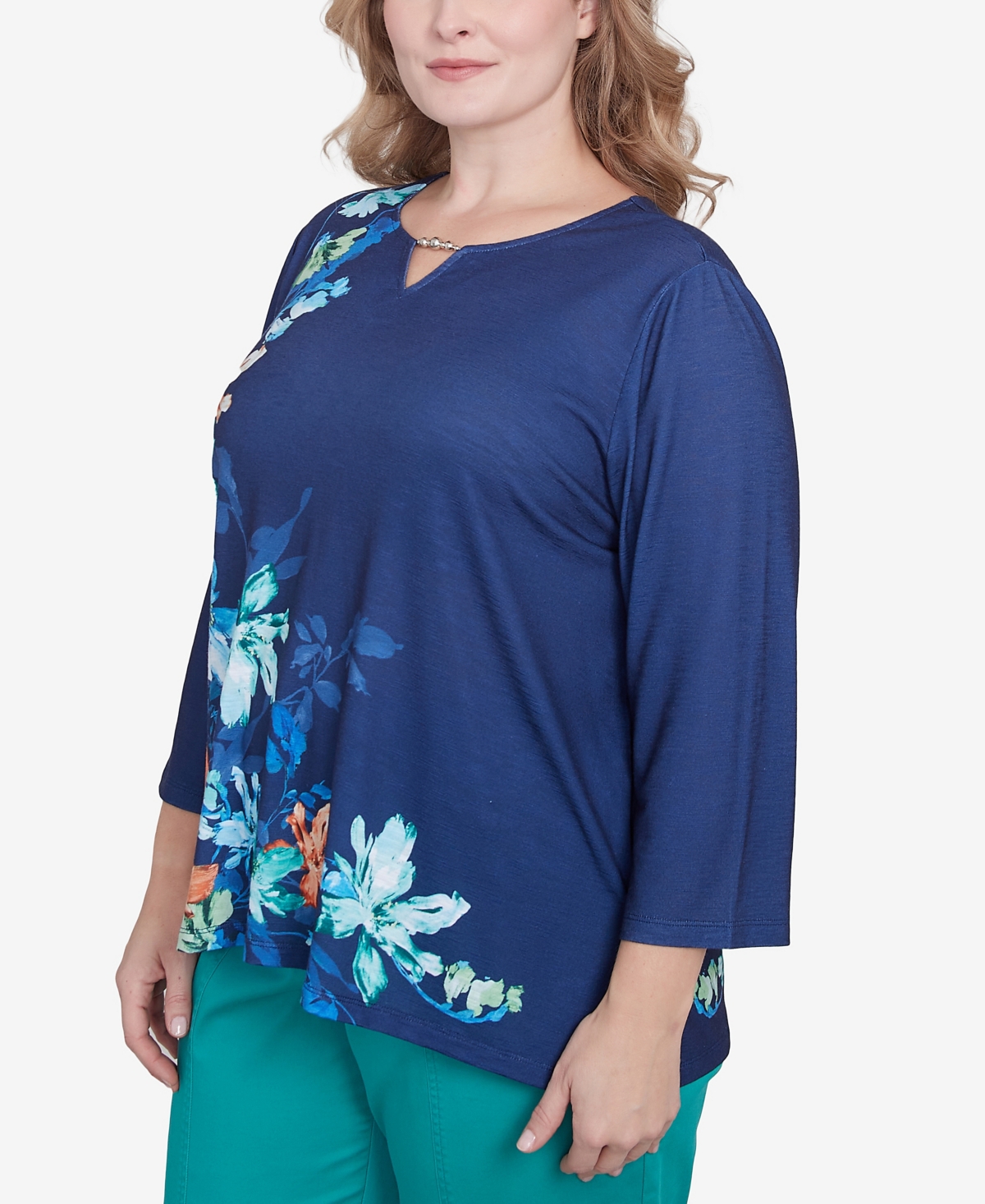 Alfred Dunner Plus Size Nantucket Asymmetric Floral Beaded Split Neck Top In Marine Blue