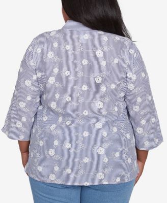 Легкий топ в полоску с цветочной аппликацией и воротником-стойкой Alfred Dunner Plus Size Flower Power